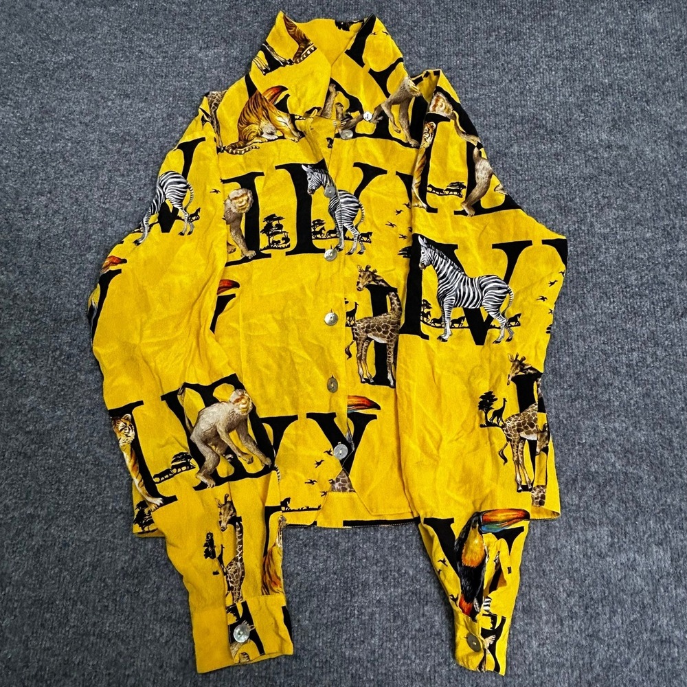 Martin Shirt Womens Size 6 Yellow Silk Safari Animal Print Button Down Eclectic
